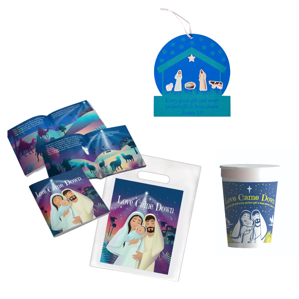 Kids Christian Christmas Set with book, goodie bag, ornament craft, & tumbler cup