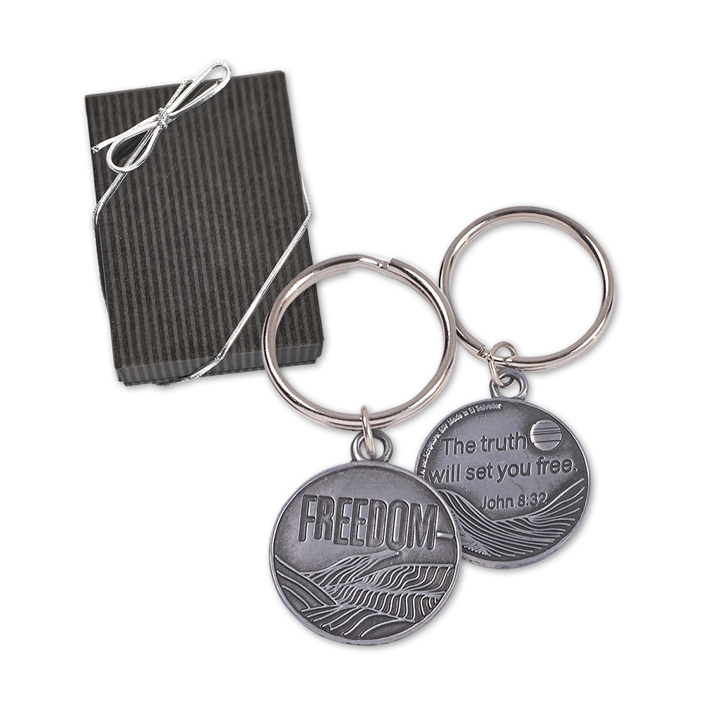 Hand-Stamped Coordinates with Town Initial Keychain – pewter