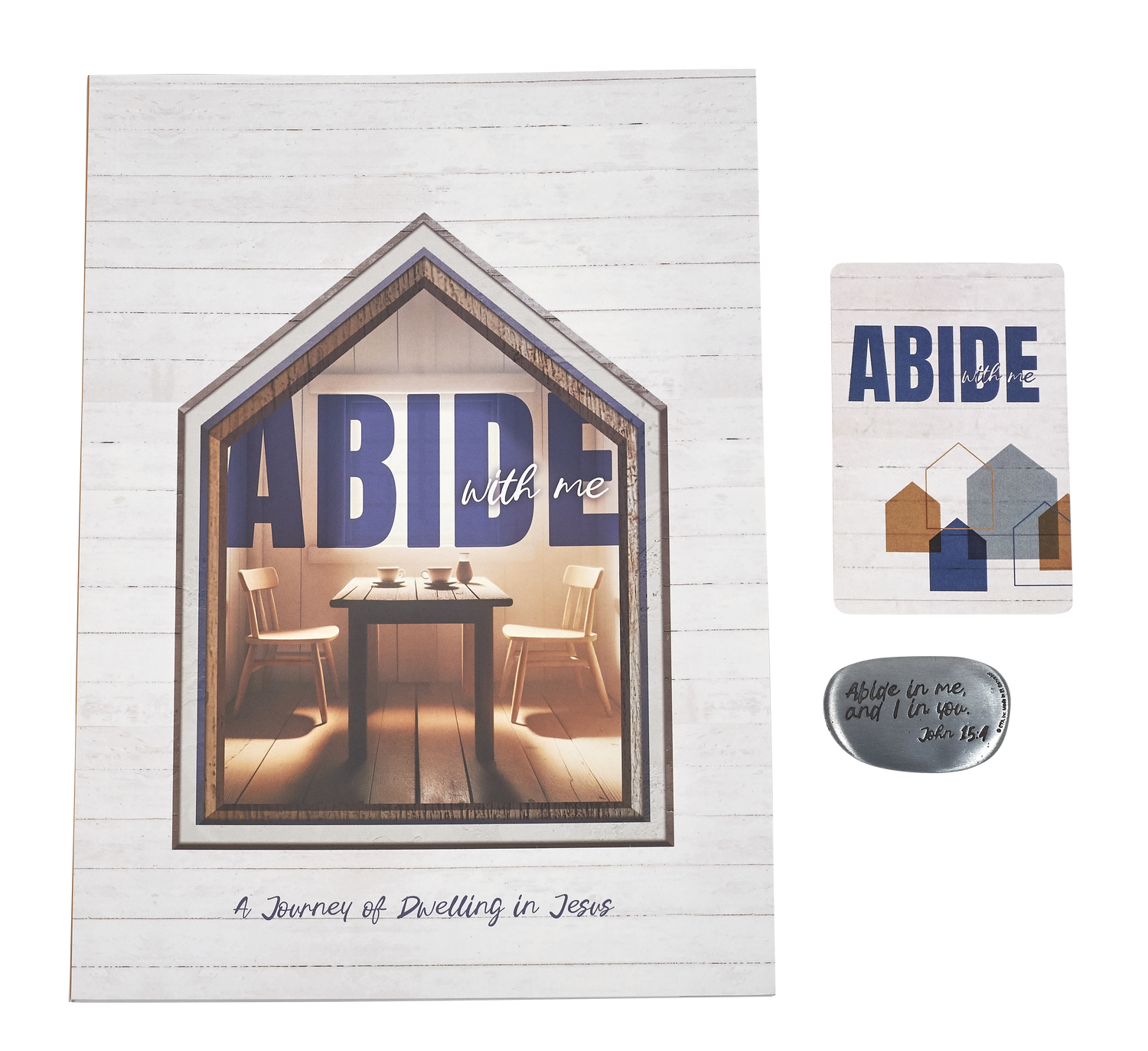 Abide with Me gift set with journal and thumb stone shown out of packaging