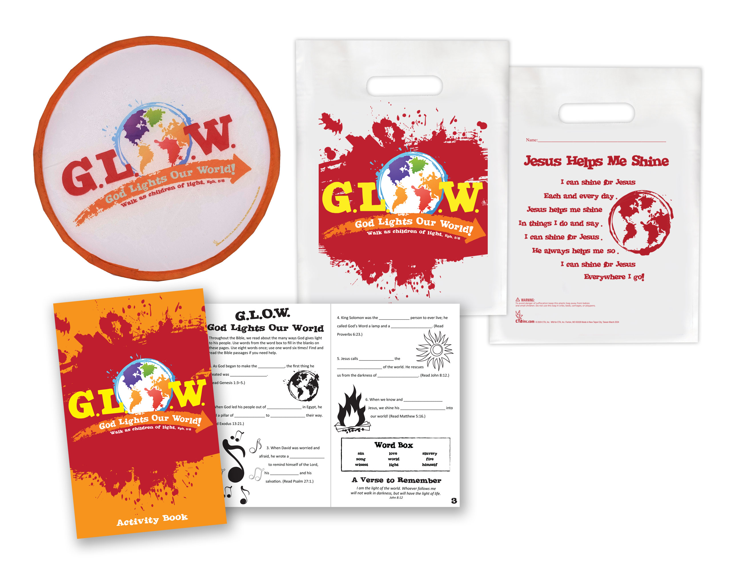 GLOW - God Lights Our World activity book set with nylon flying disk and goodie bag for kids ministry