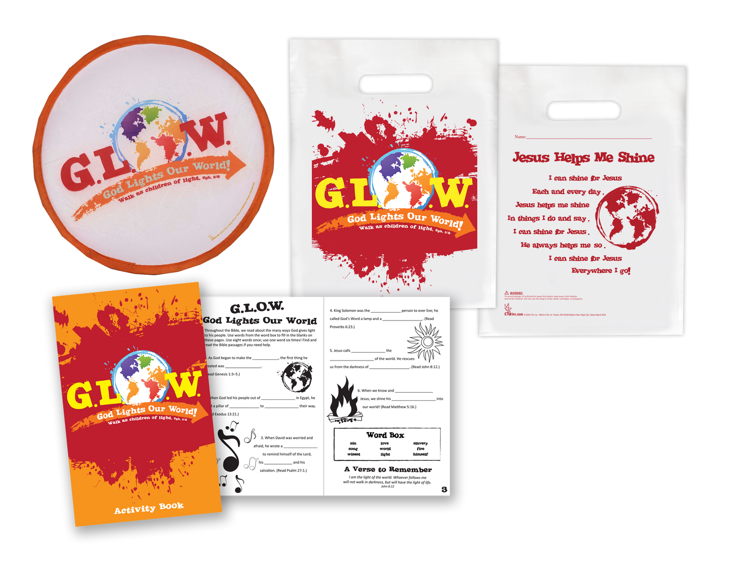 GLOW - God Lights Our World activity book set with nylon flying disk and goodie bag for kids ministry