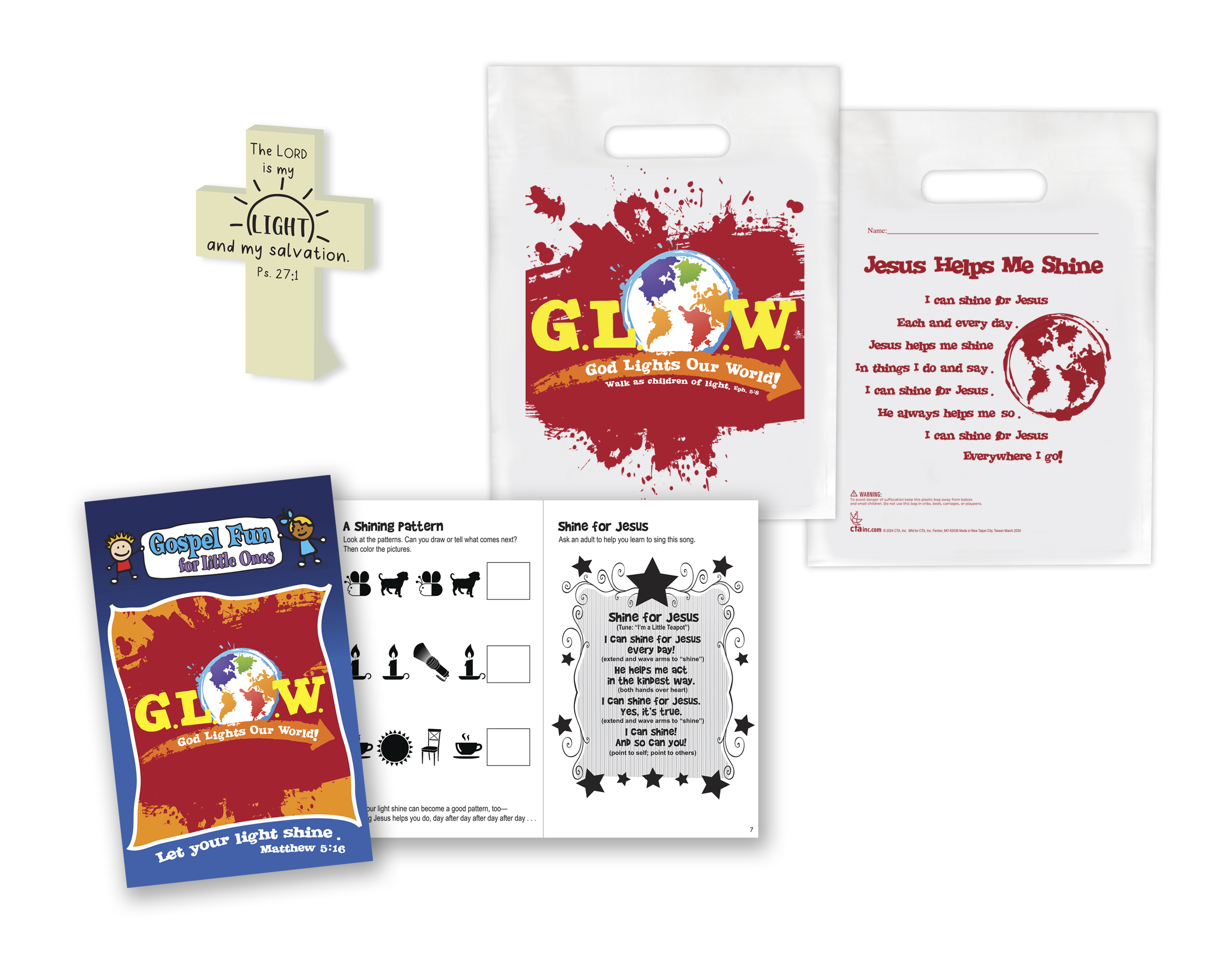 God Lights Our World Activity Set for ages 3-6 with book, goodie bag, and glow in the dark stand up cross