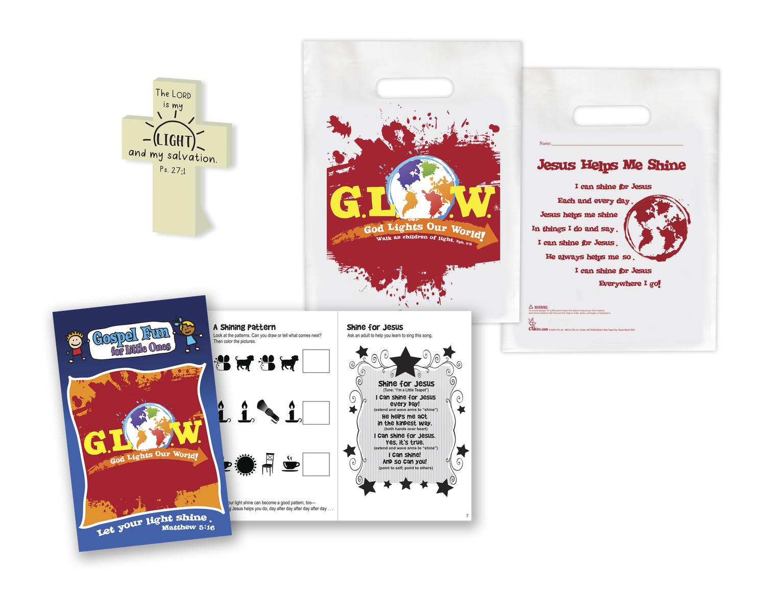 God Lights Our World Activity Set for ages 3-6 with book, goodie bag, and glow in the dark stand up cross