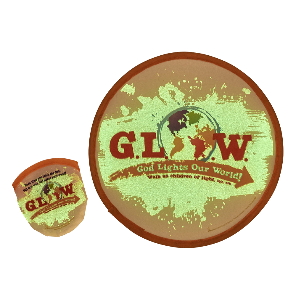 God Lights Our Word Glow in the dark nylon flying disc shown glowing with storage pouch