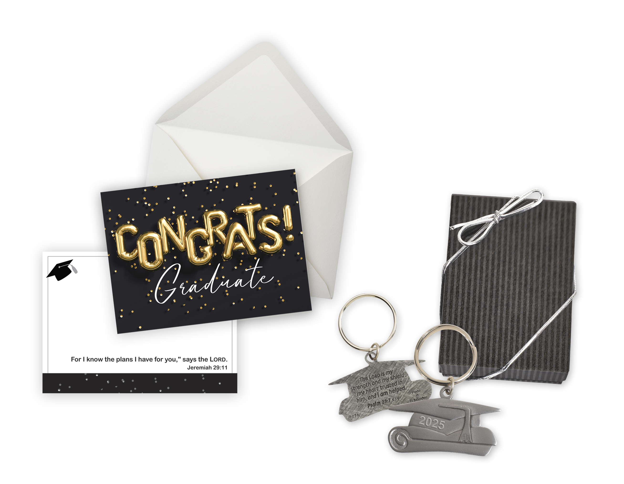 2025 graduation key chain in gift box and graduation note card with envelope
