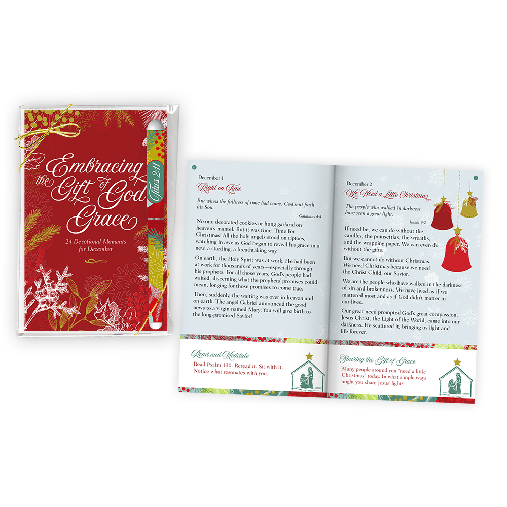 Embracing the Gift of God's Grace December devotions with pen set book spread