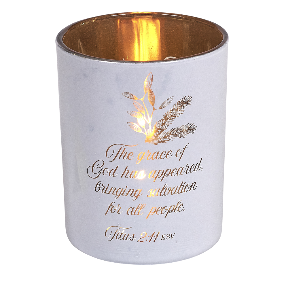 Back of Embracing the Gift of God's Grace candle holder shown illuminated