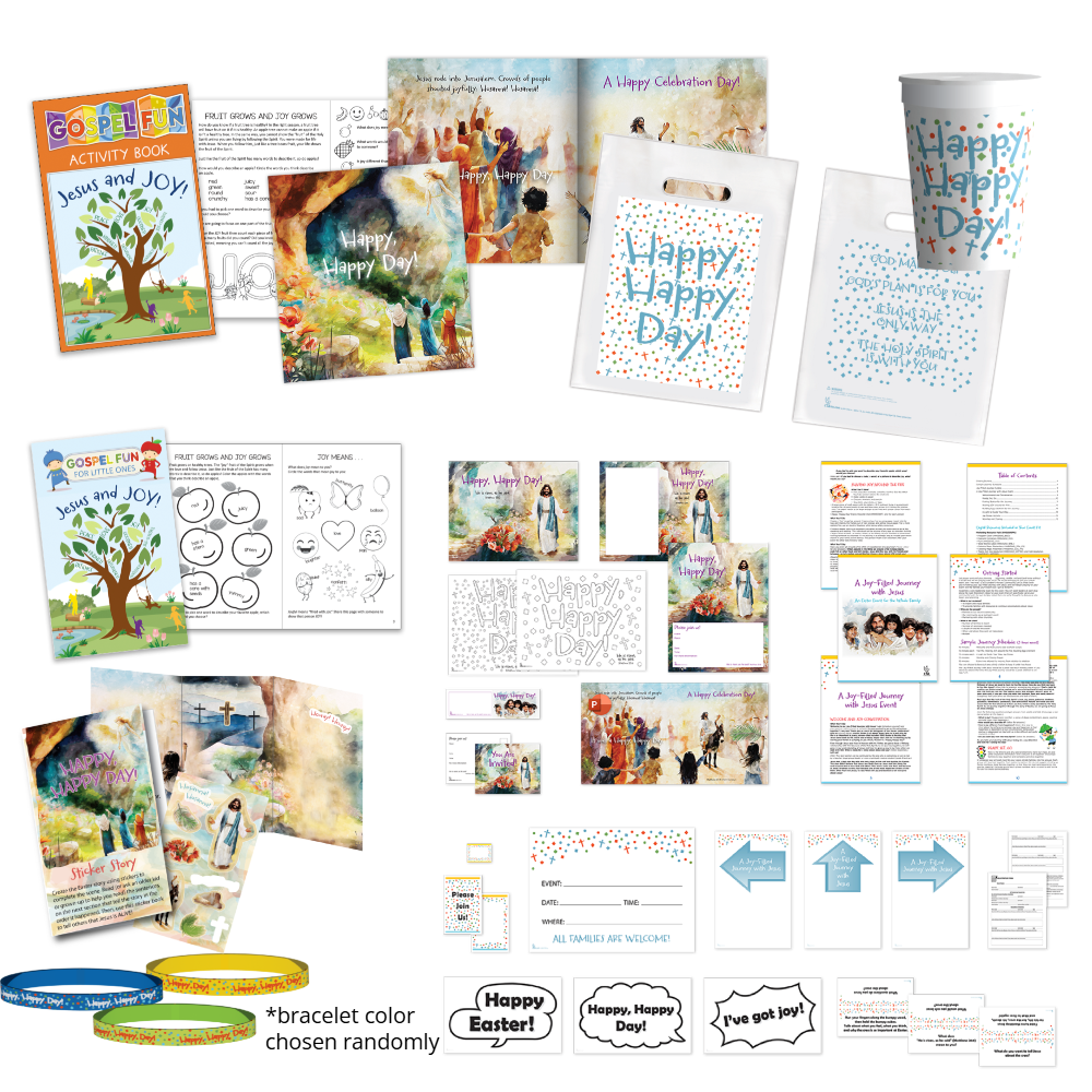 Happy, Happy Day CML sample kit with activity books, Easter story book, tumbler, goodie bag, event guide, elastic bracelets, sticker story