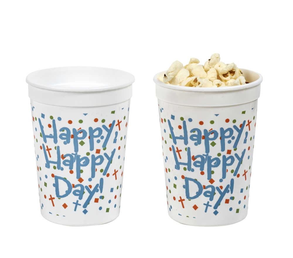 Happy, Happy Day plastic tumbler cup filled with popcorn