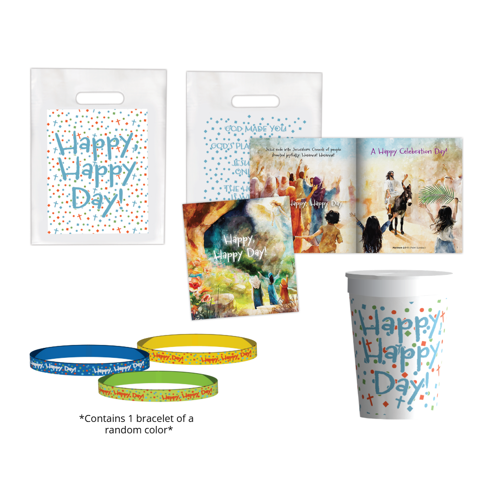 Happy, Happy Day Easter Set for Kids Ministry with book, tumbler, bracelet, goodie bag