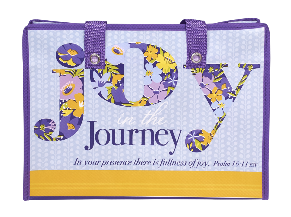 Front of Joy in the Journey Christian tote bag for women