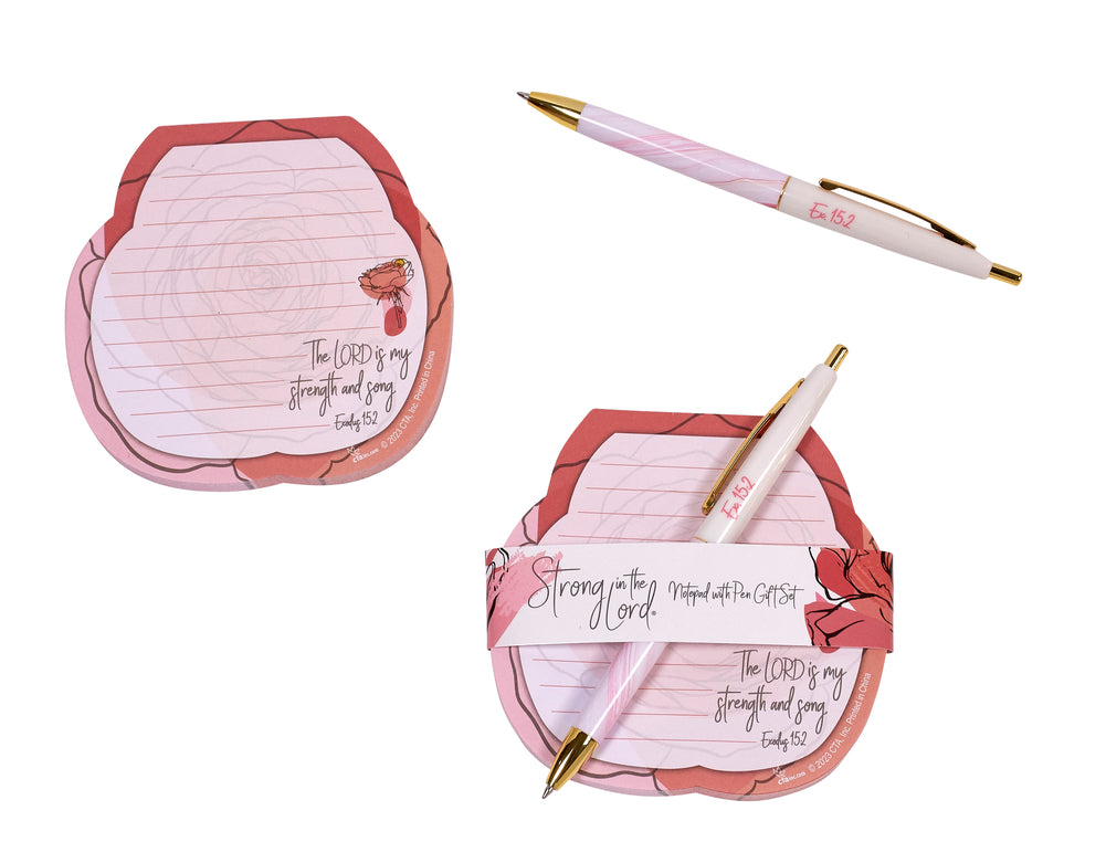 Strong in the Lord shaped note pad with matching pen and paper ribbon