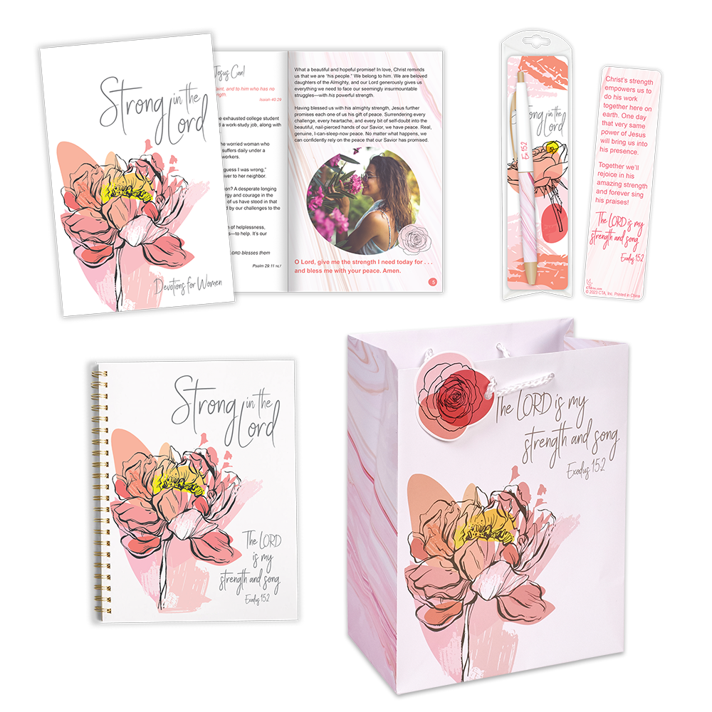 Strong in the Lord Christian women's gift set with devotion book, pen and bookmark set, lined journal, and gift bag